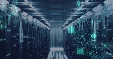 Image of network of digital icons, data processing and mosaic squares against Stock Photos