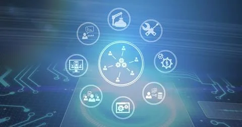 Image of network of digital icons over computer circuit board Stock Illustration