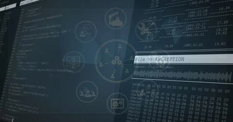 Image of network of digital icons over data processing against blue background Illustrazione stock