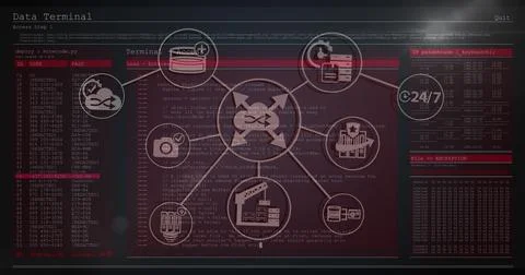 Image of network of digital icons over data processing against grey background Illustrazione stock
