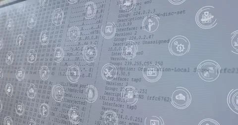 Image of network of digital icons over data processing against blue background Stockillustratie