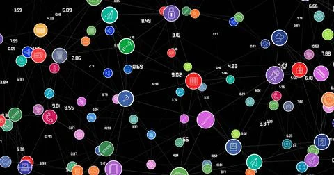Image of network of digital icons over fibre optic strands Stock Illustration