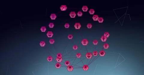 Image of network of digital icons over plexus networks against blue background Stock Illustration