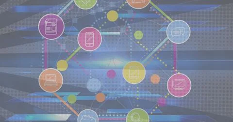 Image of network of digital icons over spinning stripes in background Illustrazione stock
