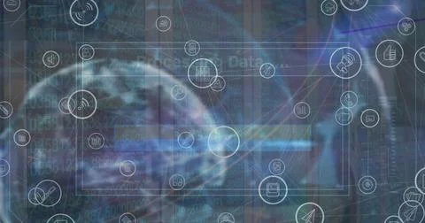 Image of network of digital icons over interface with data processing against Foto stock