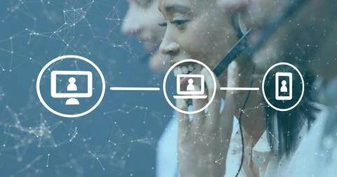 Image of network of digital icons over diverse businesspeople in office Stock Photos
