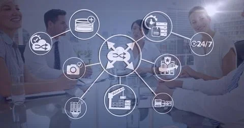 Image of network of digital icons over diverse business people Stock Photos