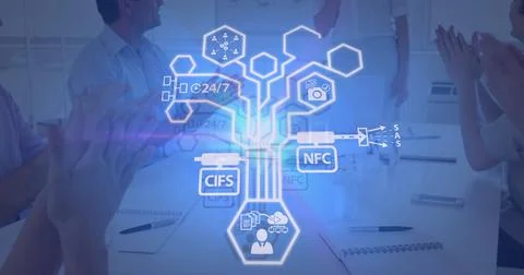 Image of network of digital icons over diverse business people Foto stock