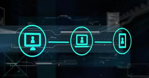 Image of network of digital icons over interface with data processing against Stock Photos