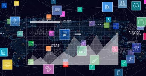 Image of network of digital icons over statistical data processing against world 스톡 사진