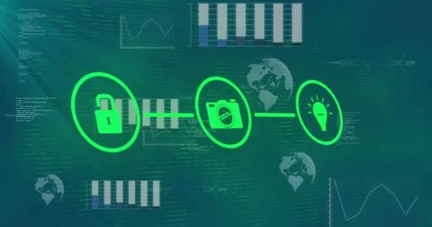 Image of network of digital icons over data processing Stock Photos