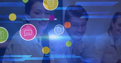 Image of network of digital icons over diverse business people Foto stock