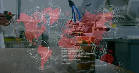 Image of network of digital icons over world map and robot working Fotos de archivo