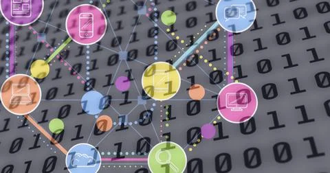 Image of network of digital icons over binary coding on grey background Stock Photos