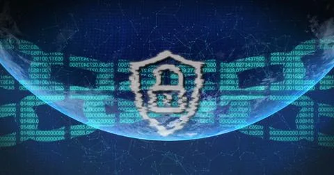 Image of network of digital padlock icon and chain over globe Foto stock