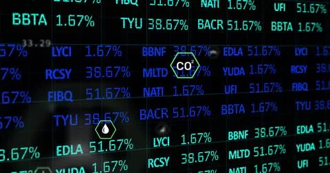 Image of network of eco and environmentally friendly icons over data processi Foto stock
