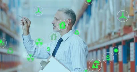 Image of network of eco and environmentally friendly icons worker of the wa.. Foto stock