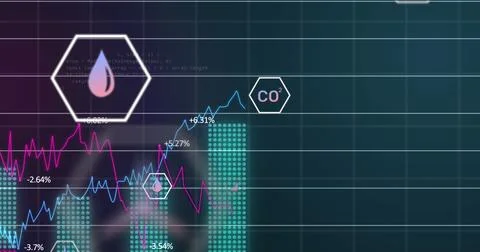 Image of network of eco and environmentally friendly icons over data processi Foto stock
