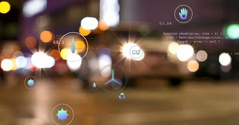 Image of network of eco and environmentally friendly icons over cityscape Foto stock