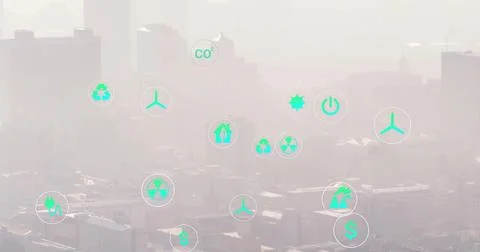 Image of network of eco icons over cityscape Illustrazione stock