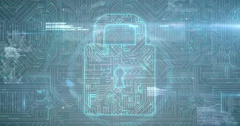 Image of network of envelope icons and online security padlock over computer Stock Photos