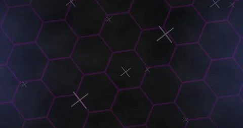 Image of network of hexagons and purple light trails on black background Stock Illustration