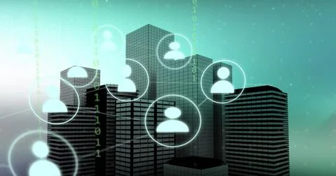 Image of network of icons and binary coding over cityscape Foto stock