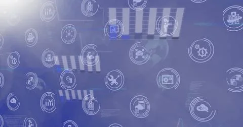 Image of network of icons and data processing on purple background Stockillustratie