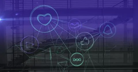 Image of network with icons and data processing over cityscape background Stock Photos