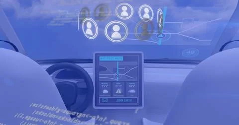Image of network with icons and data processing with car cockpit on blue Stock Photos