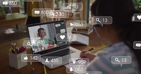 Image of network of icons and data processing over asian schoolgirl online Stock Photos