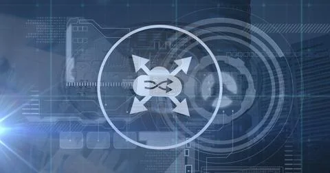 Image of network with icons and data processing with bitcoin symbol over 스톡 사진