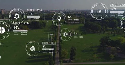 Image of network of icons and data processing over landscape Stock Photos