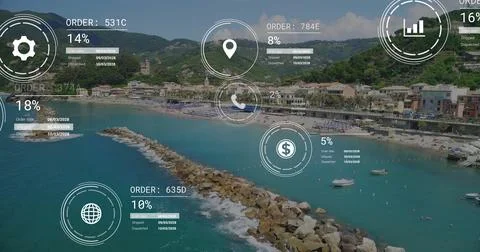 Image of network of icons and data processing over landscape Foto stock