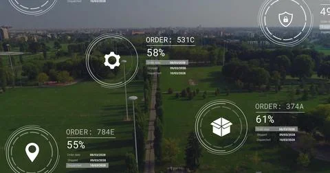 Image of network of icons and data processing over landscape Stock Photos