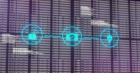 Image of network with icons and data processing over dark background 库存照片