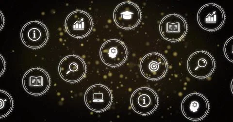 Image of network of icons and digital data processing over black background Stock Illustration