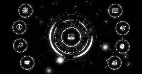 Image of network of icons and digital data processing over black background Stock Illustration