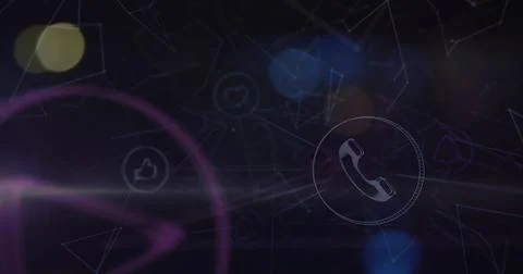 Image of network with icons and lights over blurred night traffic Ilustração Stock