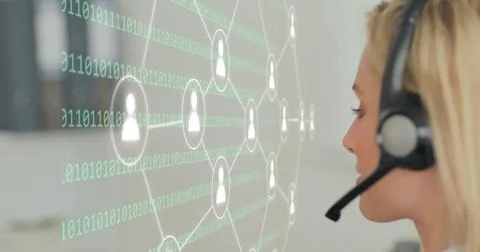 Image of network of icons with binary coding over caucasian businesswoman Foto stock