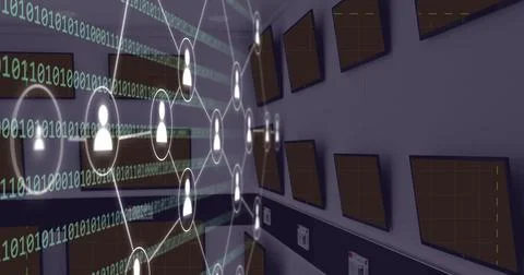 Image of network of icons with binary coding over television sets 写真素材