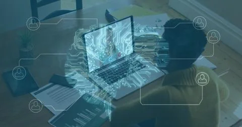 Image of network of icons with digital brain over woman using laptop on image 스톡 사진