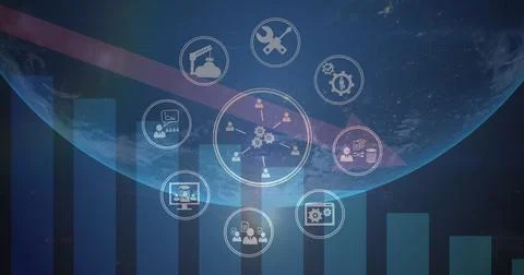 Image of network with icons over arrow and graphs Ilustración de archivo