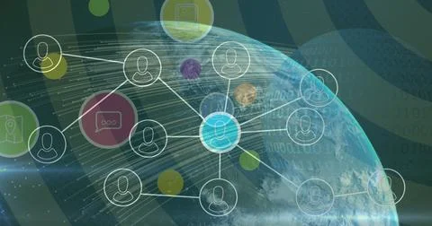 Image of network with icons over globe and striped background Illustrazione stock