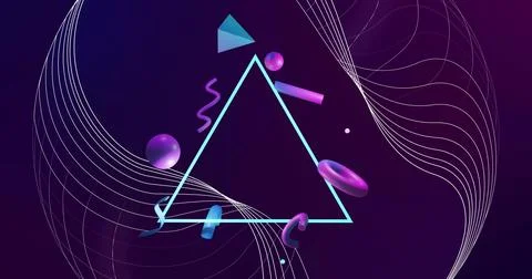 Image of network lines and 3d blue and purple shapes rotating over triangle on Stock Illustration