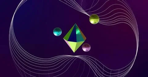 Image of network lines over metallic 3d spheres and diamond rotating on dark Illustrazione stock
