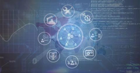 Image of network of media engineering and people cions over world map and data 스톡 일러스트