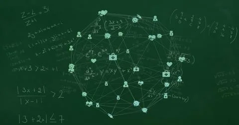 Image of network of media icons over mathematical equations on chalkboard Stock Illustration