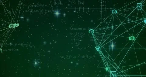 Image of network of media icons over mathematical equations over starry sky Illustrazione stock