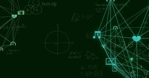 Image of network of media icons over mathematical equations on chalkboard Stock Illustration